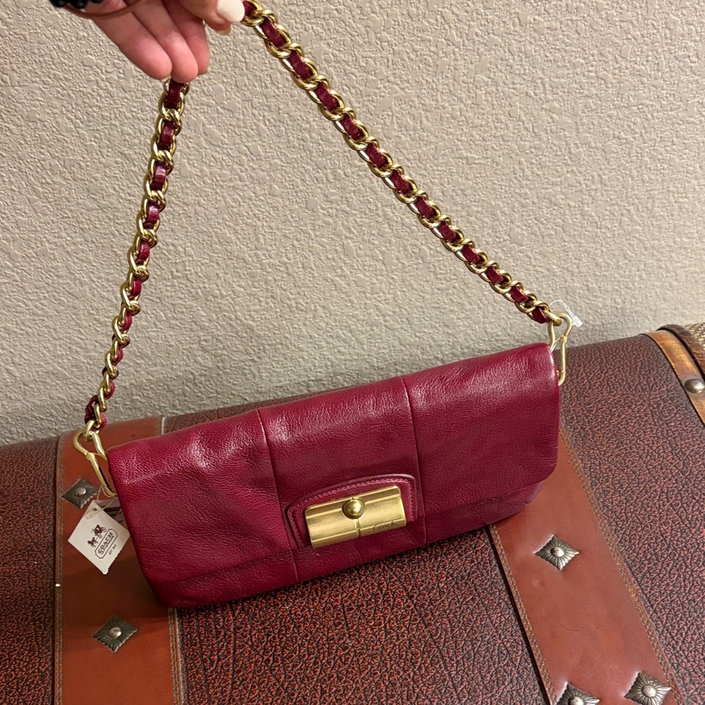 Coach Wine Burgundy Leather Clutch with Gold Chain Strap